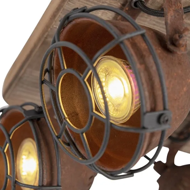 QAZQA Industriestrahler rostbraun mit Holz kippbar 4-Licht - Gina