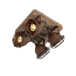 QAZQA Industriestrahler rostbraun mit Holz kippbar 4-Licht - Gina