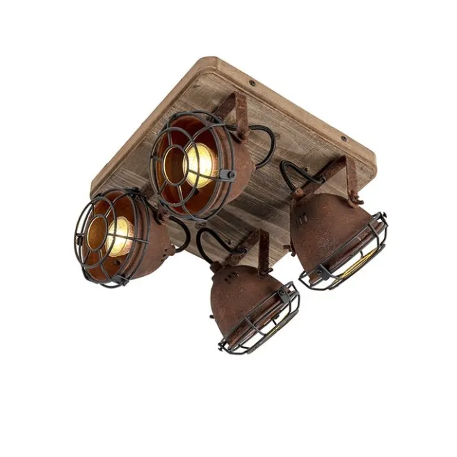 QAZQA Industriestrahler rostbraun mit Holz kippbar 4-Licht - Gina