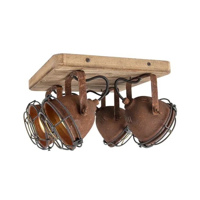 QAZQA Industriestrahler rostbraun mit Holz kippbar 4-Licht - Gina