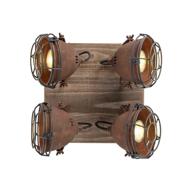 QAZQA Industriestrahler rostbraun mit Holz kippbar 4-Licht - Gina
