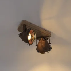 QAZQA Industriestrahler rostbraun mit Holz kippbar 2-Licht - Gina