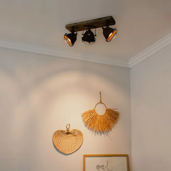 QAZQA Industriestrahler rostbraun mit Holz kippbar 3-Licht - Gina