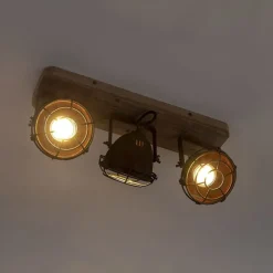 QAZQA Industriestrahler rostbraun mit Holz kippbar 3-Licht - Gina