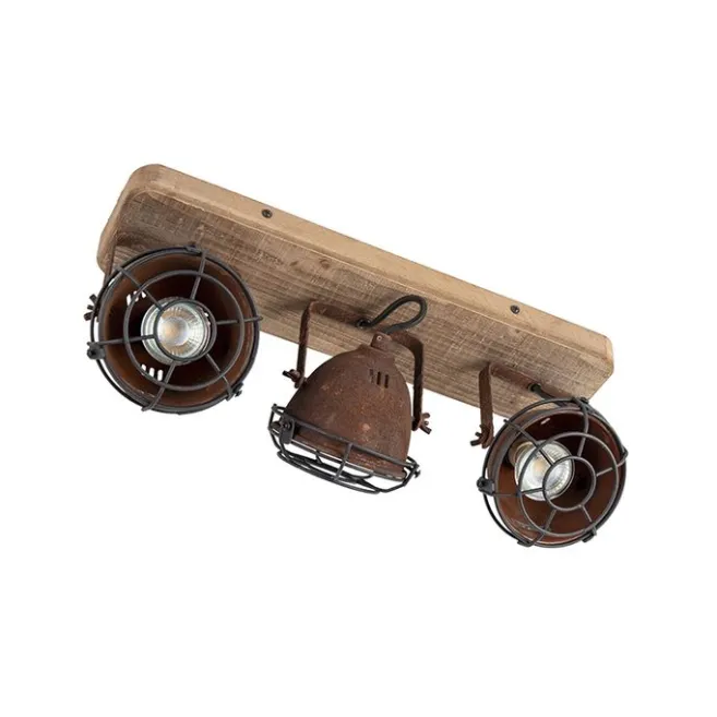 QAZQA Industriestrahler rostbraun mit Holz kippbar 3-Licht - Gina