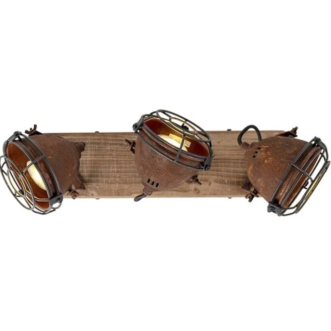 QAZQA Industriestrahler rostbraun mit Holz kippbar 3-Licht - Gina