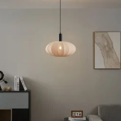 QAZQA Japandi Hängelampe Schwarz mit braunem Stoffschirm - Bida