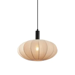 QAZQA Japandi Hängelampe Schwarz mit braunem Stoffschirm - Bida