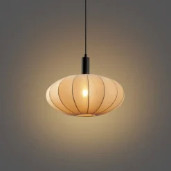 QAZQA Japandi Hängelampe Schwarz mit braunem Stoffschirm - Bida