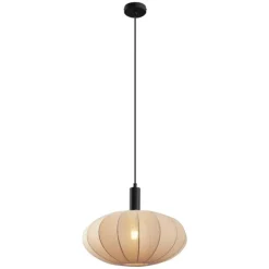 QAZQA Japandi Hängelampe Schwarz mit braunem Stoffschirm - Bida