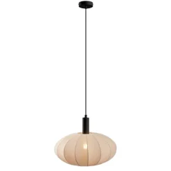 QAZQA Japandi Hängelampe Schwarz mit braunem Stoffschirm - Bida