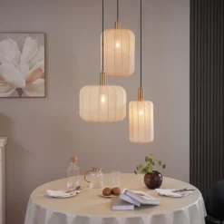 QAZQA Japandi Hängelampe Schwarz und Gold mit beigem Schirm 3-flammig - Pluni