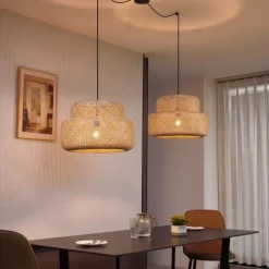 QAZQA Japandi-Pendelleuchte Schwarz mit Bambus 2-flammig - Kea