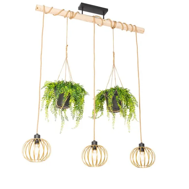 QAZQA Ländliche Hängelampe Gold mit Holz 3 Lichter - Yura