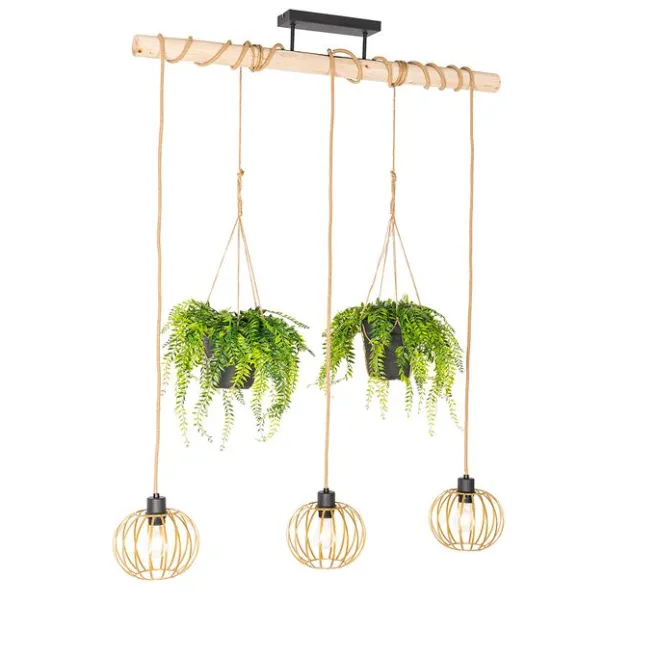 QAZQA Ländliche Hängelampe Gold mit Holz 3 Lichter - Yura
