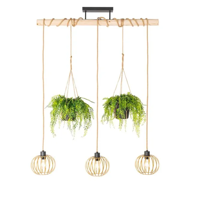 QAZQA Ländliche Hängelampe Gold mit Holz 3 Lichter - Yura