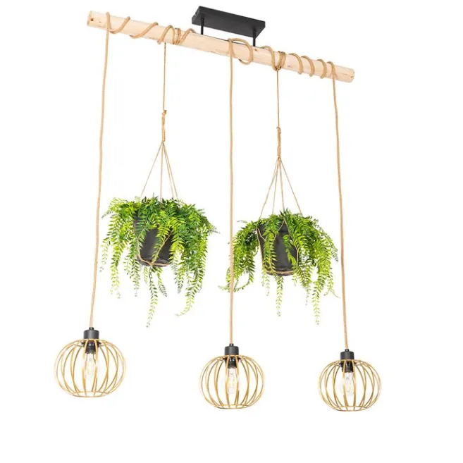QAZQA Ländliche Hängelampe Gold mit Holz 3 Lichter - Yura