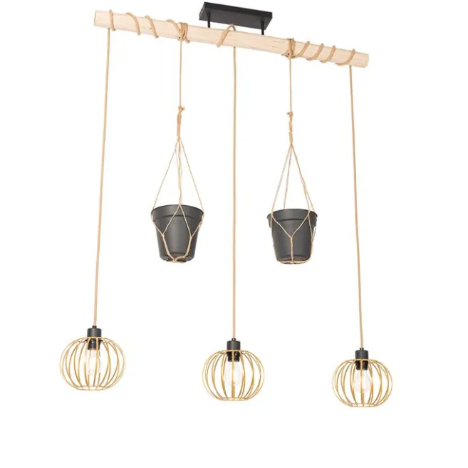 QAZQA Ländliche Hängelampe Gold mit Holz 3 Lichter - Yura