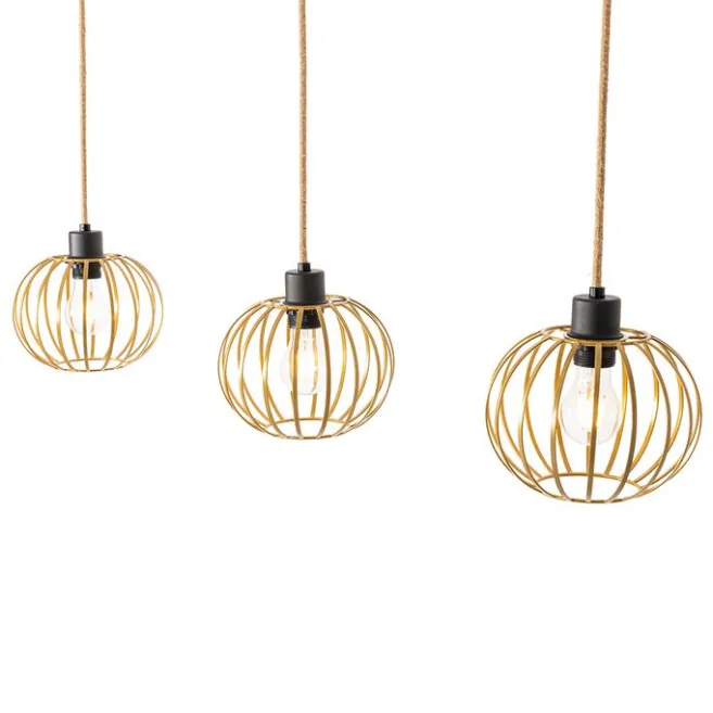 QAZQA Ländliche Hängelampe Gold mit Holz 3 Lichter - Yura