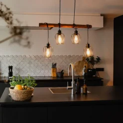 QAZQA Ländliche Hängelampe schwarz mit Holz 4-flammig - Stronk