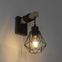 QAZQA Ländliche Wandlampe schwarz mit Holz - Chon