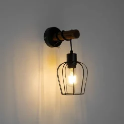 QAZQA Ländliche Wandlampe schwarz mit Holz - Stronk