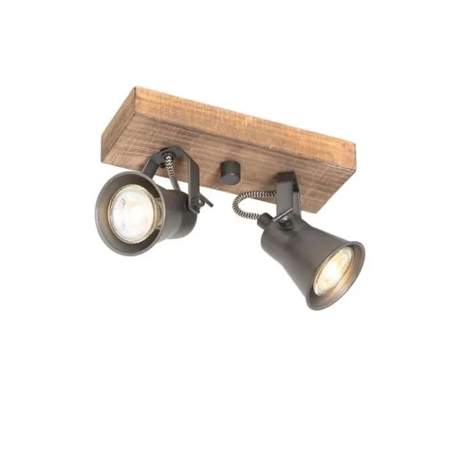 QAZQA Ländlicher Strahler schwarz mit Holz 2-flammig verstellbar - Jelle