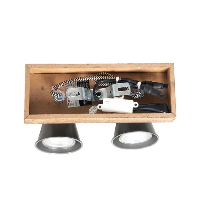 QAZQA Ländlicher Strahler schwarz mit Holz 2-flammig verstellbar - Jelle