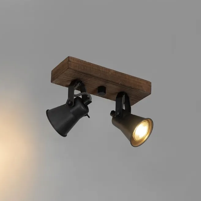 QAZQA Ländlicher Strahler schwarz mit Holz 2-flammig verstellbar - Jelle