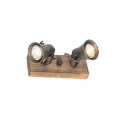 QAZQA Ländlicher Strahler schwarz mit Holz 2-flammig verstellbar - Jelle