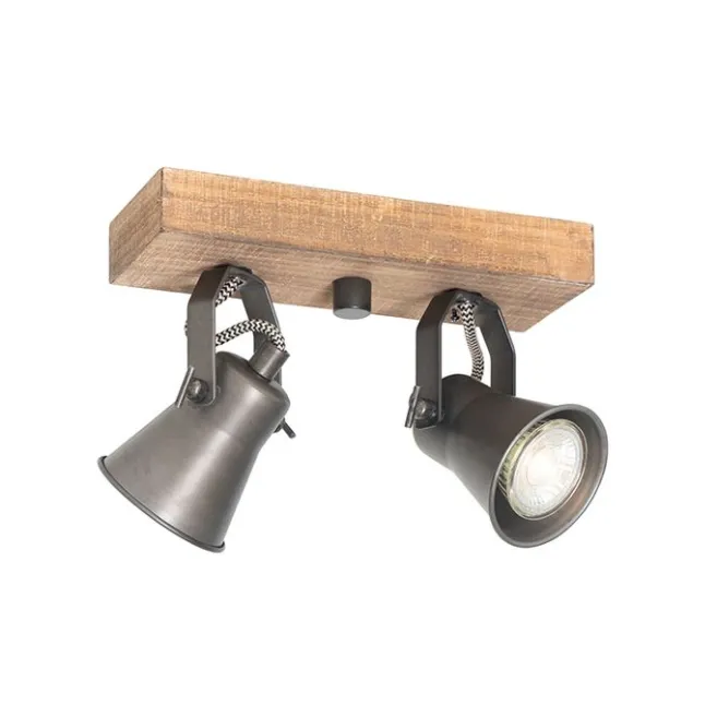 QAZQA Ländlicher Strahler schwarz mit Holz 2-flammig verstellbar - Jelle