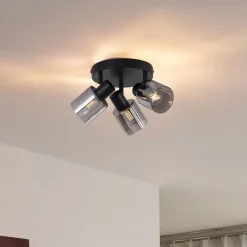 QAZQA Moderne Deckenleuchte Schwarz mit rundem Rauchglas 3-flammig - Cilin