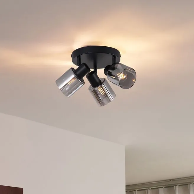 QAZQA Moderne Deckenleuchte Schwarz mit rundem Rauchglas 3-flammig - Cilin