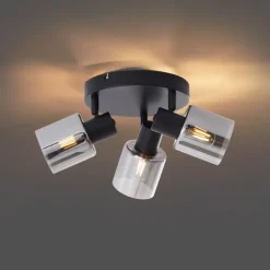 QAZQA Moderne Deckenleuchte Schwarz mit rundem Rauchglas 3-flammig - Cilin