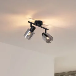 QAZQA Moderne Deckenleuchte Schwarz mit runden Rauchglas 2-flammig - Cilin