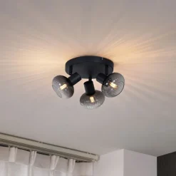 QAZQA Moderne Deckenleuchte schwarz mit rundem Rauchglas 3-flammig - Teddy