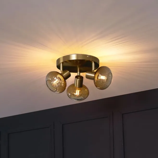 QAZQA Moderne Deckenstrahler Gold mit Bernstein Glas rund 3-flammig - Teddy