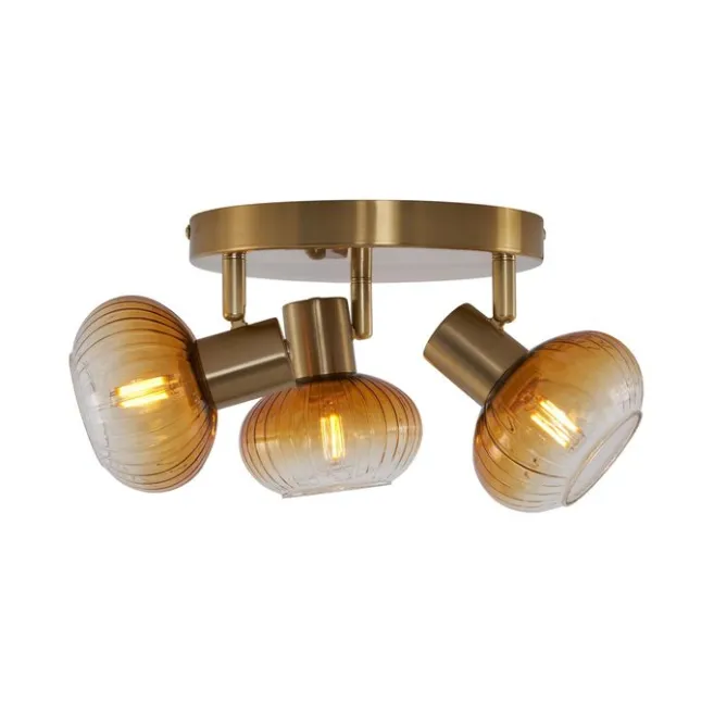 QAZQA Moderne Deckenstrahler Gold mit Bernstein Glas rund 3-flammig - Teddy