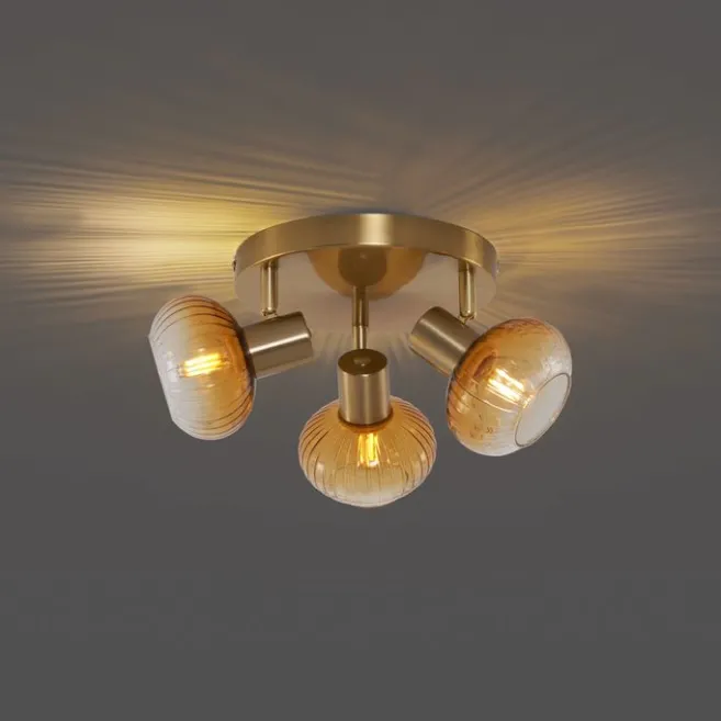 QAZQA Moderne Deckenstrahler Gold mit Bernstein Glas rund 3-flammig - Teddy