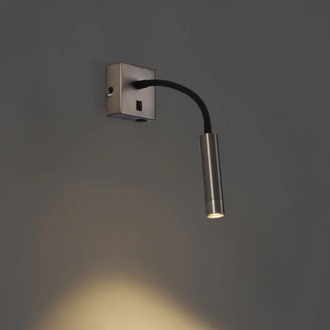 QAZQA Moderne Wandleuchte in Gunmetal mit USB-C-Anschluss - Gosna