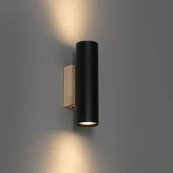 QAZQA Moderne Wandleuchte schwarz mit Holz 2-flammig - Jeana