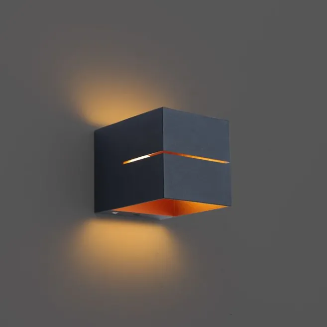 QAZQA Moderne Wandleuchte schwarz mit goldener Innenseite inkl. LED und Touch-Dimmer wiederaufladbar - Joris Groove