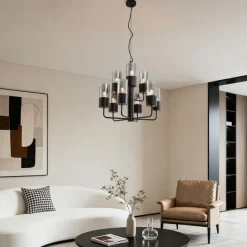 QAZQA Moderner Kronleuchter schwarz mit Rauchglas 9-flammig - Laura