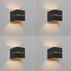 QAZQA Modernes Set aus 4 Wandlampen in Schwarz mit Gold, 2-flammig – Transfer Groove