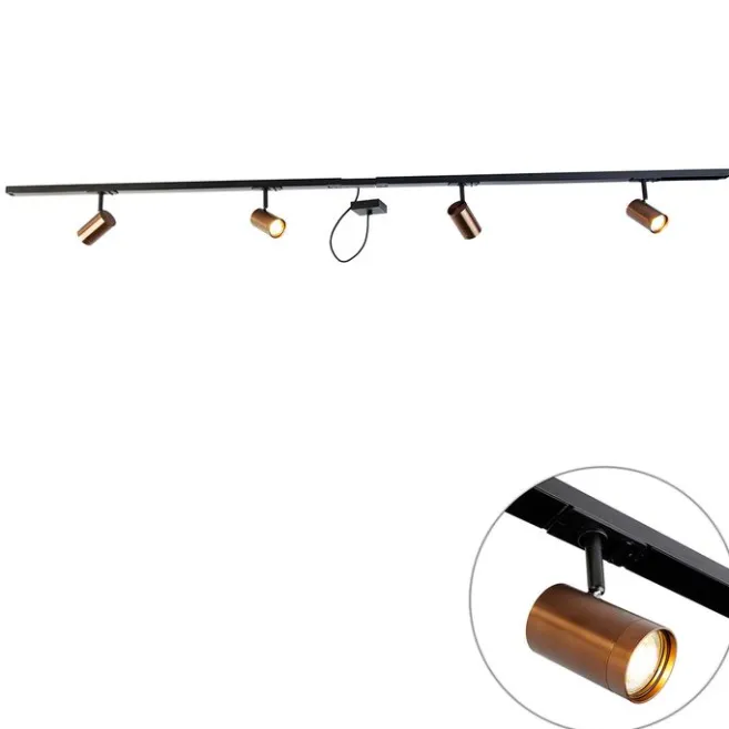 QAZQA 1-Phasen-Schienensystem dunkelbronze mit 4 Strahlern und I-Netzteil quadratisch - Jeana