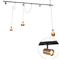 QAZQA 1-Phasen-Schienensystem mit 3 Strahlern und Hängelampen dunkelbronze - Cavalux Jeana