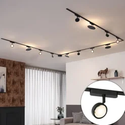 QAZQA Schienensystem mit 8 Strahlern und 4 Deckenleuchten schwarz 1-phasig - Magnetic Lance Puk
