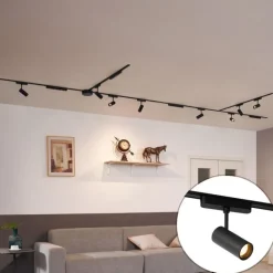 QAZQA Schienensystem mit 8 Strahlern und 4 Deckenleuchten schwarz 1-phasig - Magnetic Gert Puntua