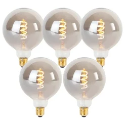 LUEDD Set mit 5 dimmbaren E27 LED-Glühbirnen mit Twisted Filament G125 Rauchglas 4W 120lm 1800K