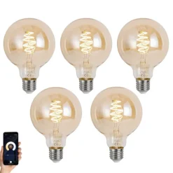 LUUMR Set mit 5 Smart E27 Dimmbar LED Glühbirne G95 Bernstein 4.9W 320lm 2500K